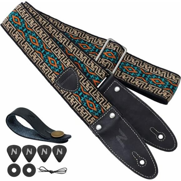 Embroidered Guitar Strap Cotton Adjustable with Pick Pocket for Electric Bass - Picture 1 of 7